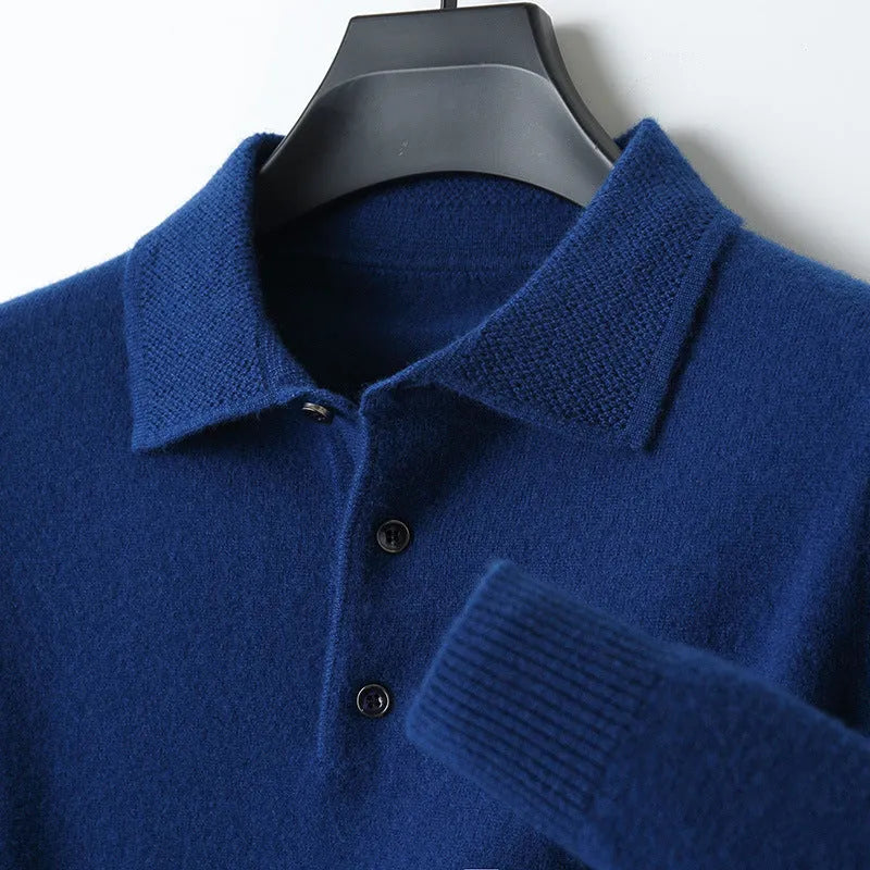 Men's grey wool sweater pullover with a polo collar and long sleeves laid flat.