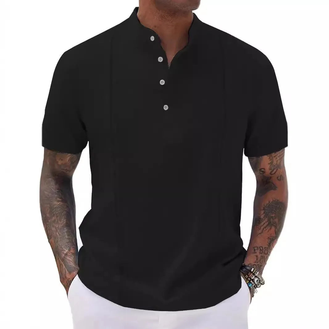 Men's solid colour half-button cardigan top in short sleeve synthetic blend for summer