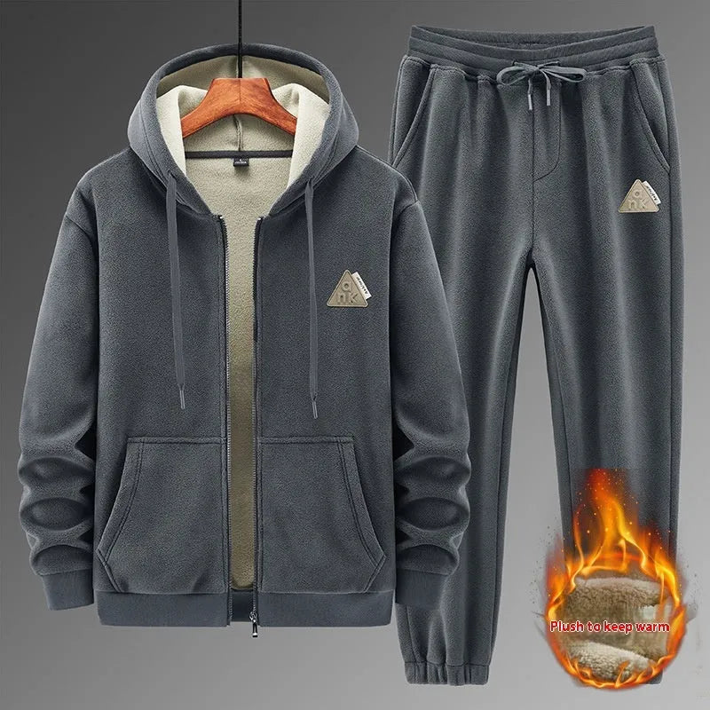 Men's grey cashmere hooded sweater and matching trousers sports suit set on hanger