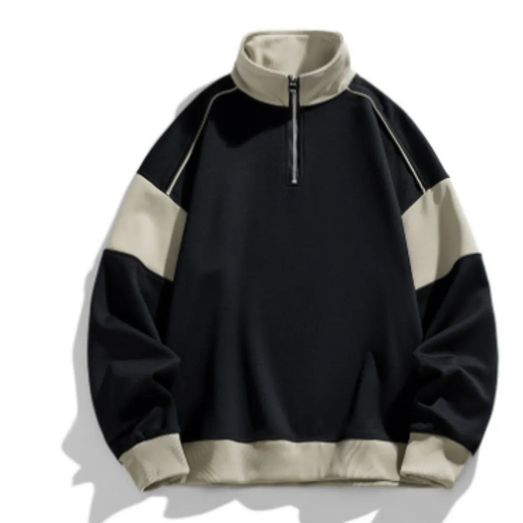 Men's hooded corduroy drop shoulder sweater in beige, showing loose lapels and relaxed fit.