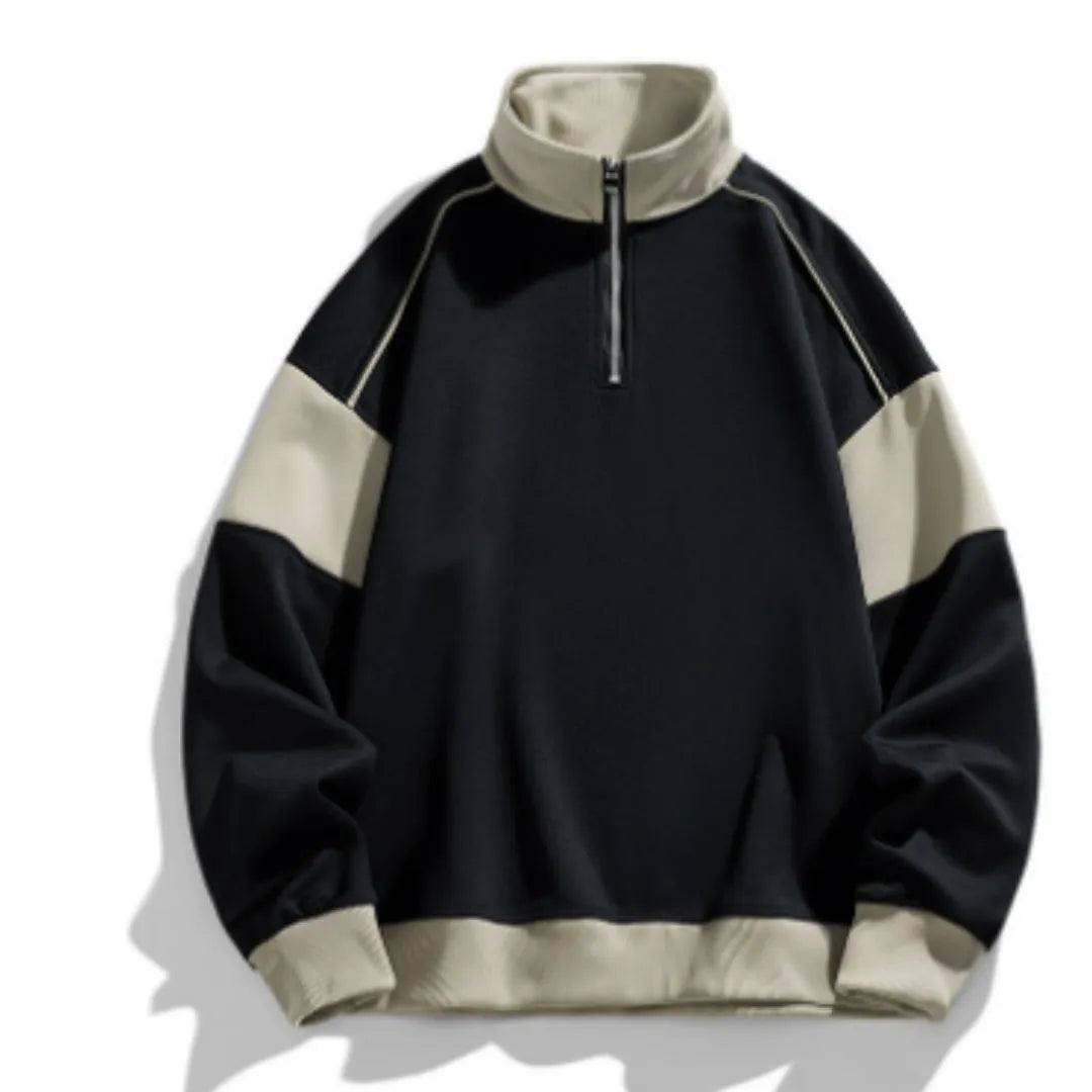 Men's hooded corduroy drop shoulder sweater in beige, showing loose lapels and relaxed fit.