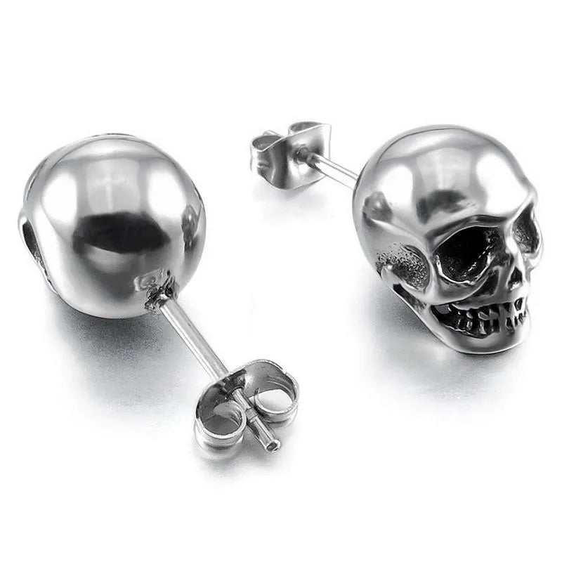 Small punk skull stud earrings in white copper with black colour, push-back closure