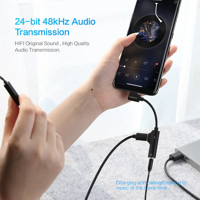 Lightning audio charging adapter in anodised aluminium alloy, 5V1A, black, with dual Lightning ports for charging and earphones