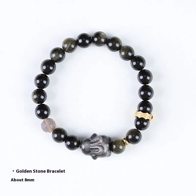 Handmade national style obsidian bracelet with lying rabbit charm in mixed metals and grey agate