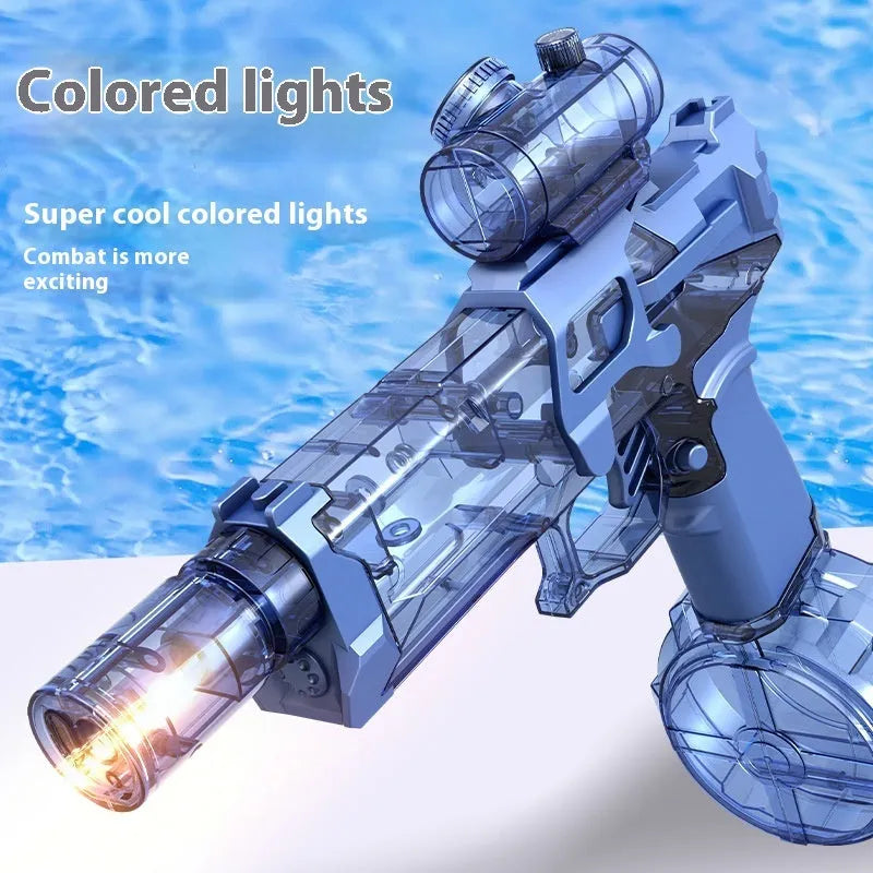 Fire Rat electric water pistol toy with LED lights showing water spray demonstration