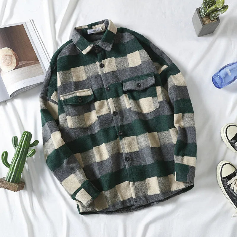 Men's autumn brushed plaid shirt in loose fit cardigan style, available in red colour
