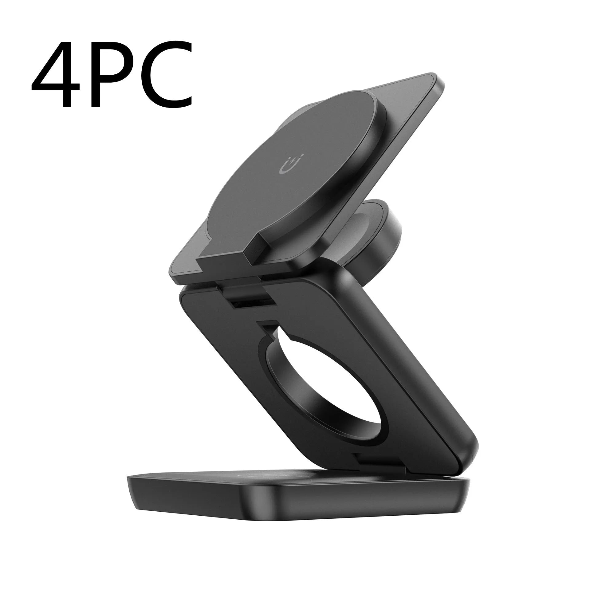 Foldable black magnetic wireless charging phone holder mounted on a car dashboard.