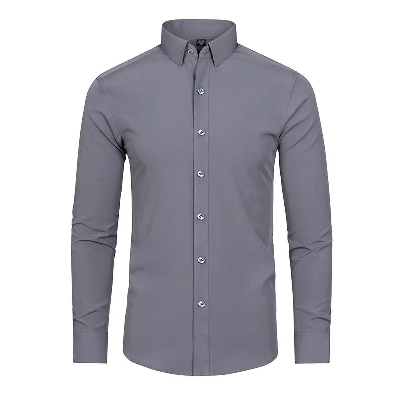 Men's solid gray non-iron four-way stretch polyester long-sleeved shirt with cardigan front, Asian sizes 38-48