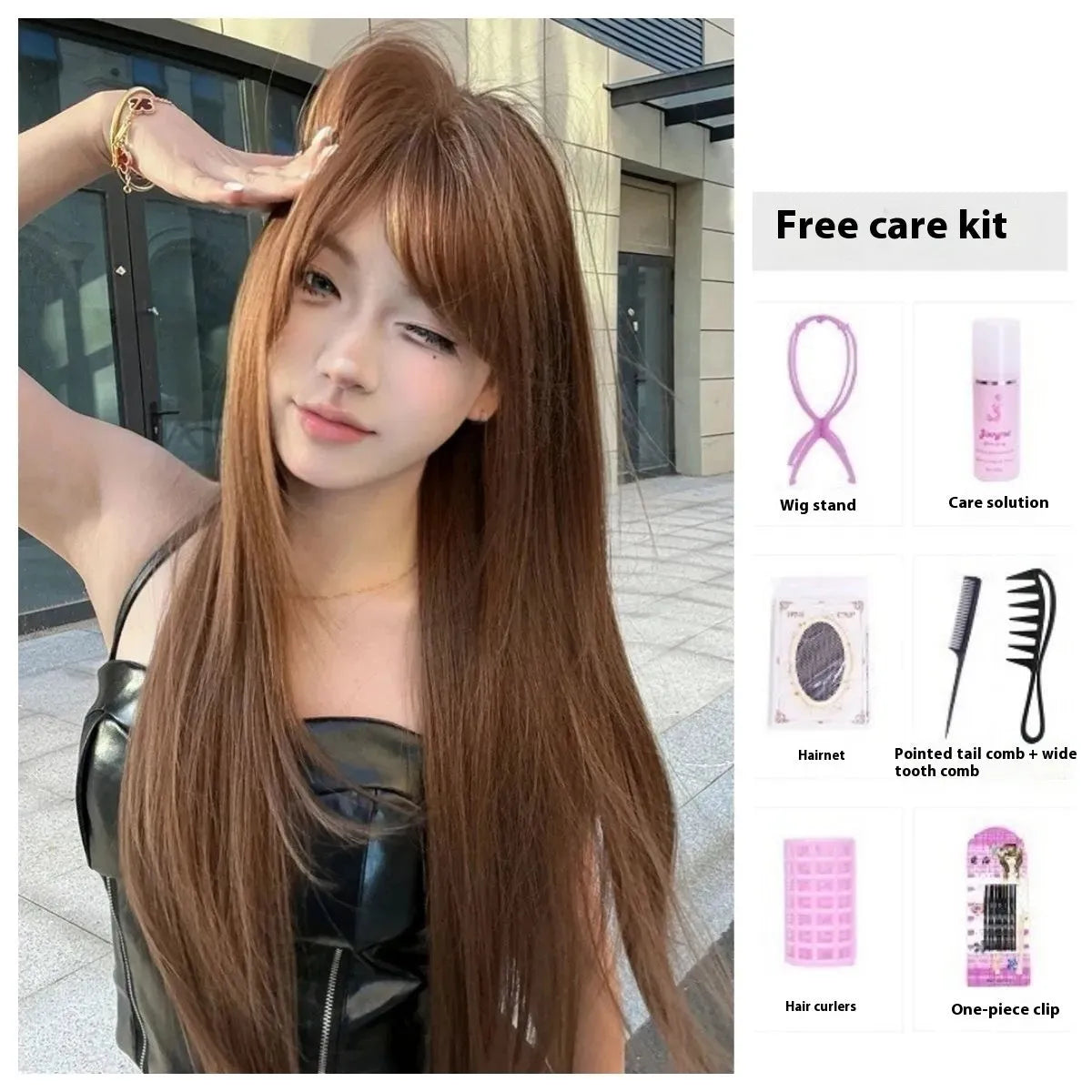 Warm brown long straight synthetic wig with a full fringe, shown on a model.
