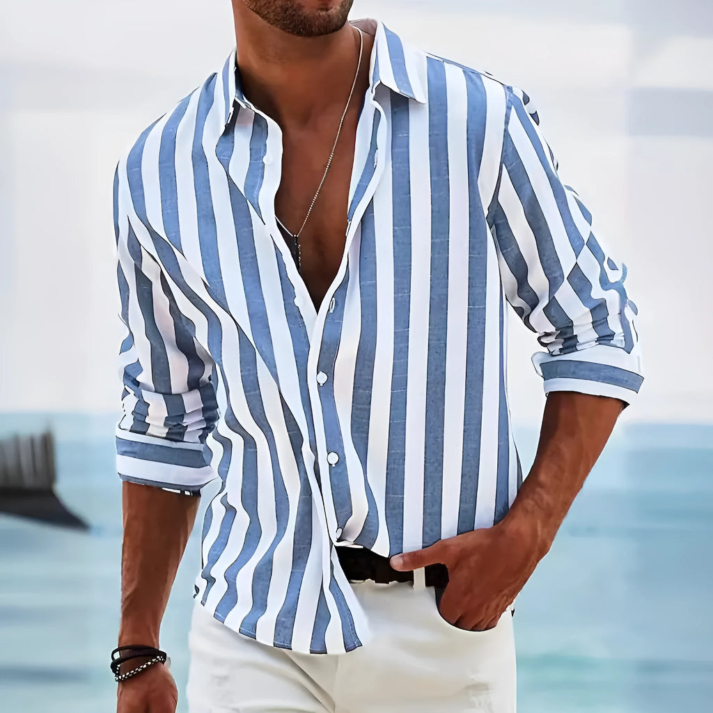 Men's yarn-dyed striped loose long-sleeved shirt in British style polyester fabric