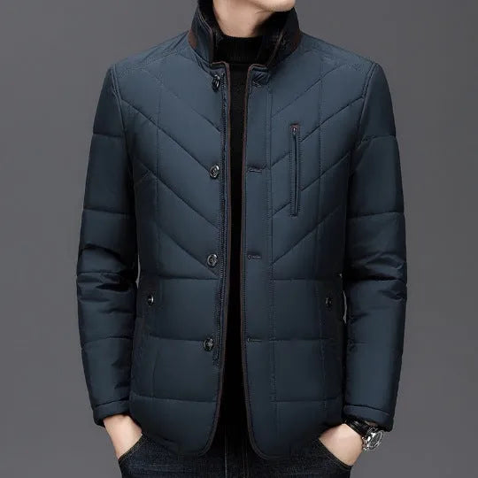 Men's short winter padded coat in dark blue with side seam pockets.