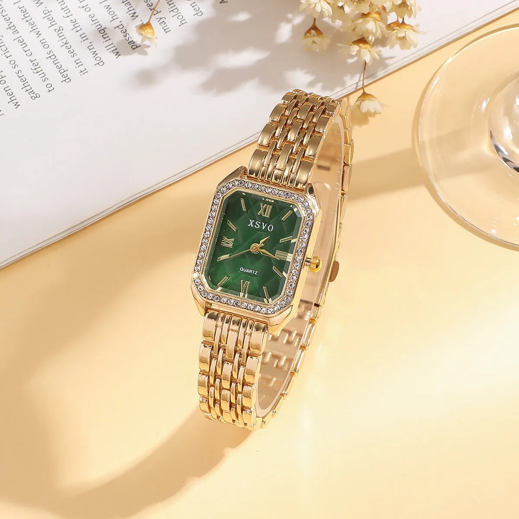Wild Emerald gold green square ladies watch with four matching bracelets in gift set packaging