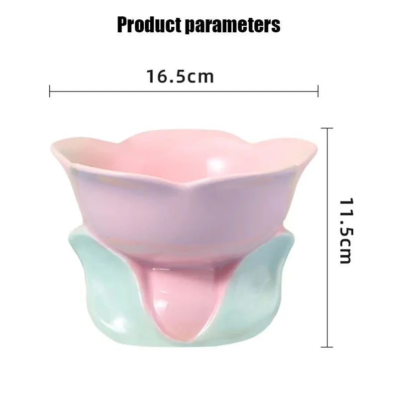 Blue floral patterned ceramic pet bowl with elevated design and non-slip base for cats and small dogs