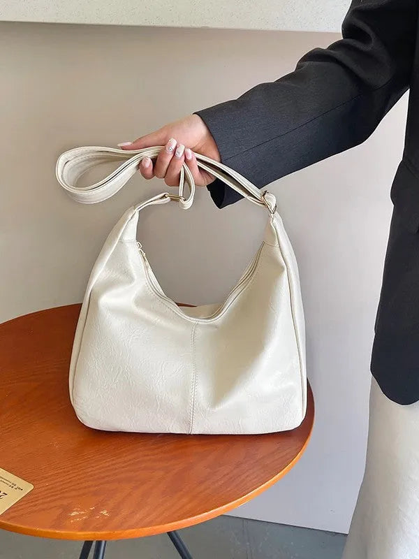 White PU leather retro crossbody shoulder bag with horizontal shape and outer pocket 31x10x21cm