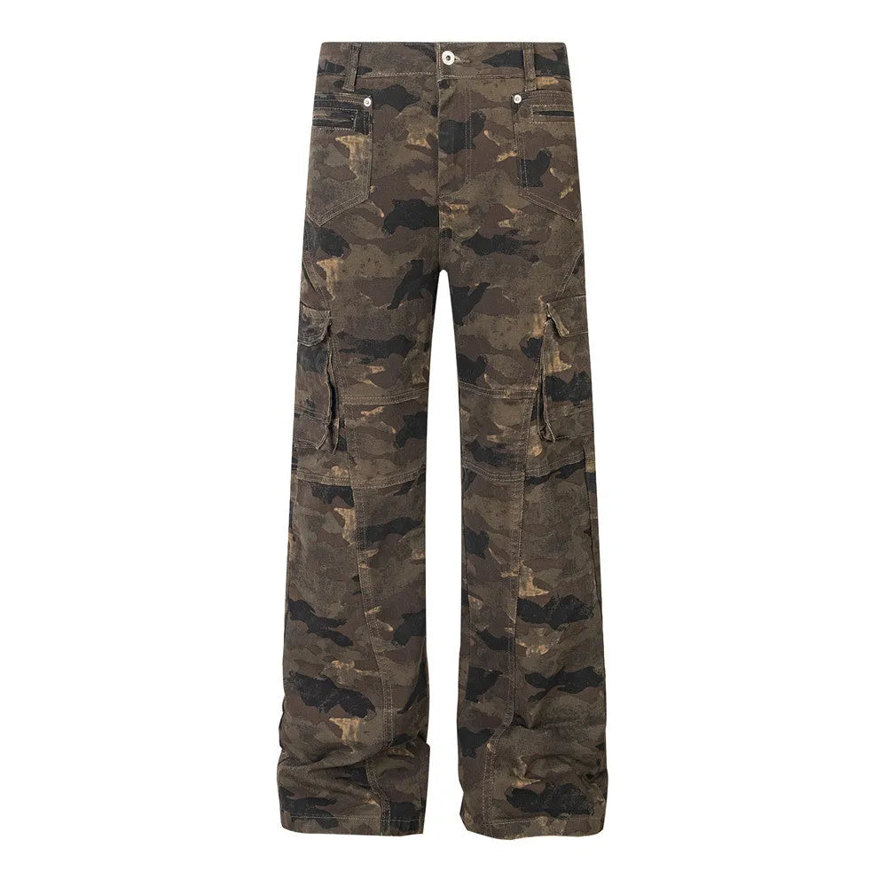 Men's camouflage denim trousers mid-waist casual work pants