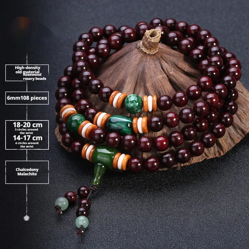 Men's rosewood bracelet with 108 beads, showing 6mm and 8mm size options alongside styles like lapis lazuli and turquoise.
