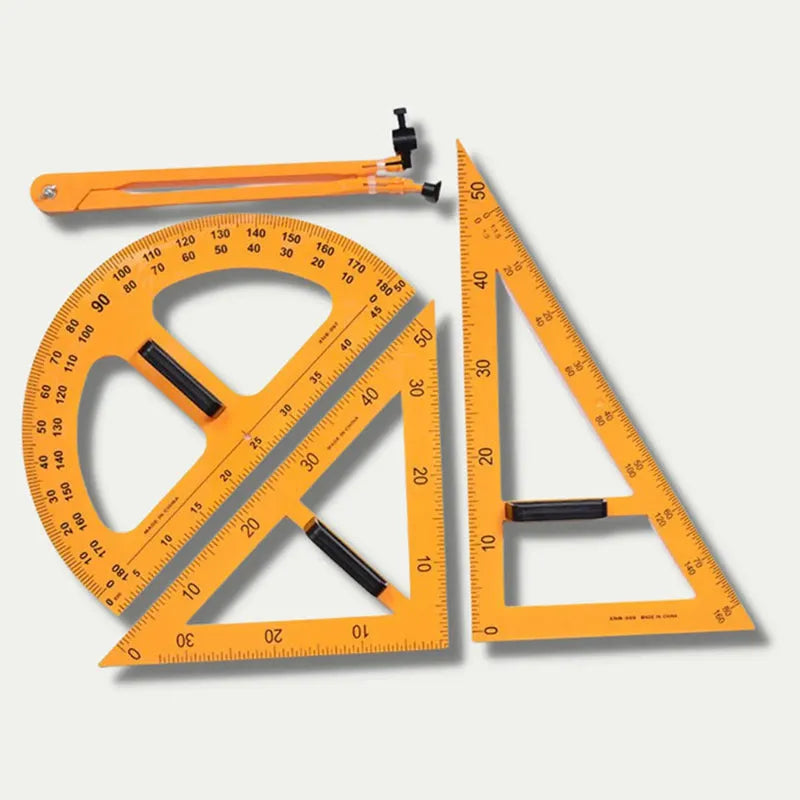 Orange and black plastic triangle ruler and protractor set for mathematics teaching