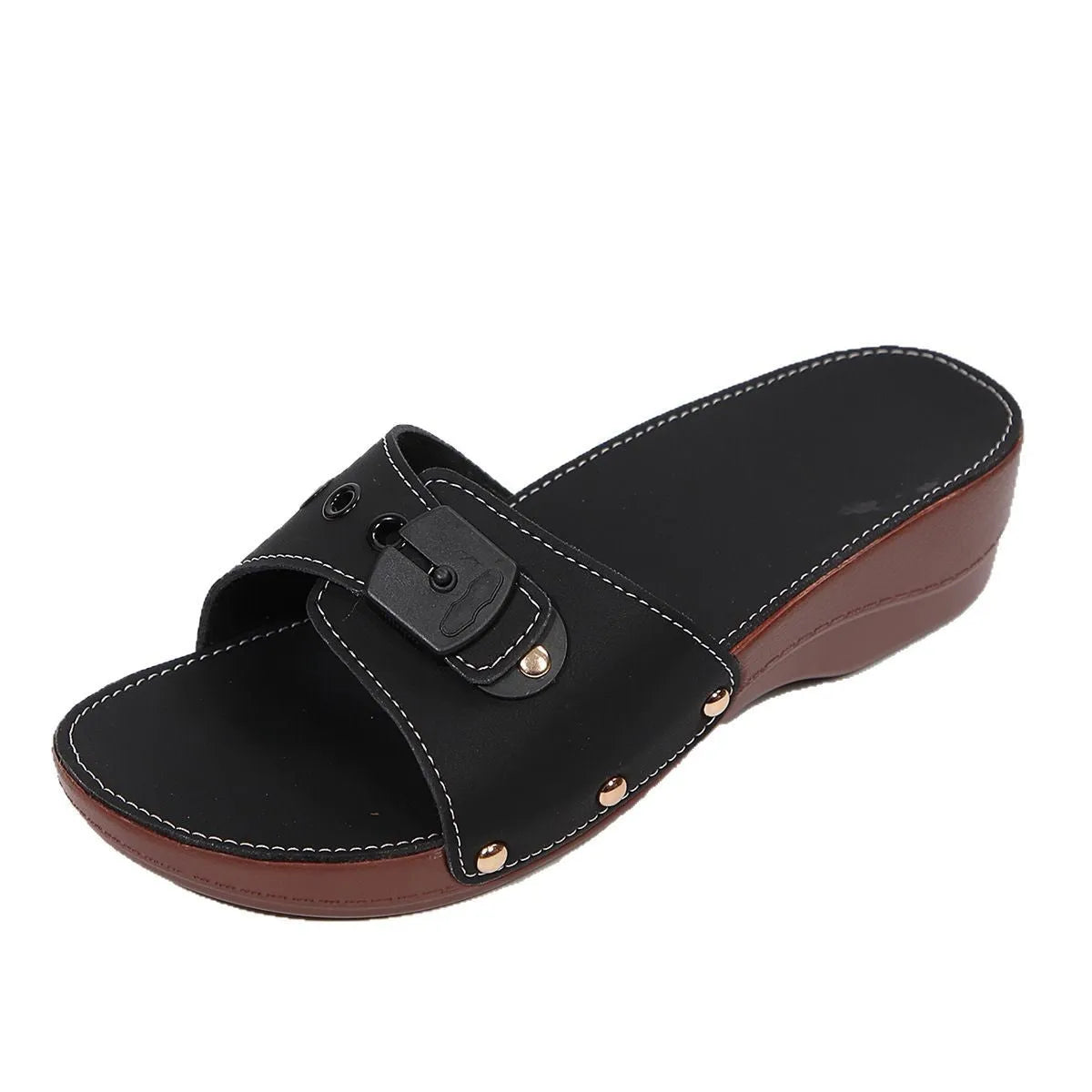 Women's PU leather belt buckle rivet lightweight leisure sandals with fish mouth toe, black colour