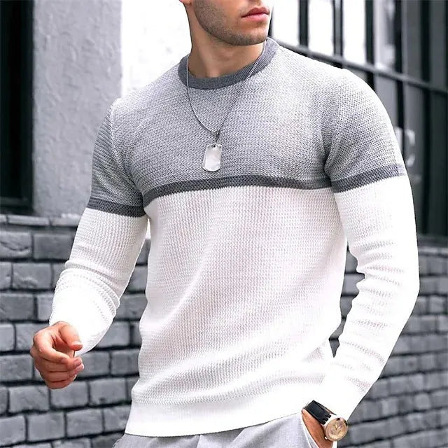 Men's Harajuku striped loose fit long sleeve T-shirt in black grey with round neck