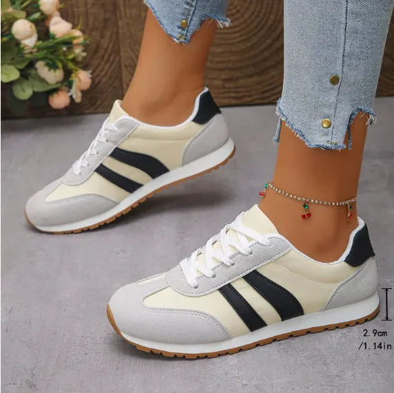 Blue and grey stripe sports shoes with rubber soles and round toe design