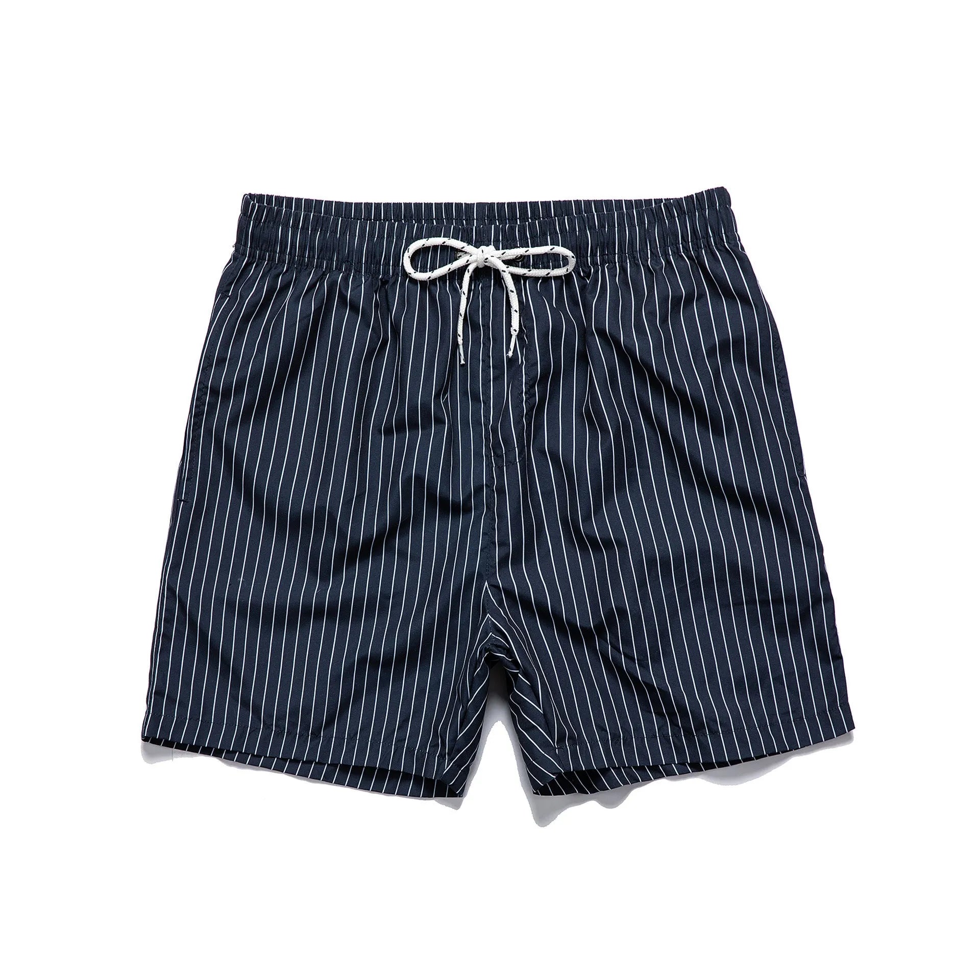 Men's striped beach shorts in navy blue, made from polyester fibre with a straight leg opening.