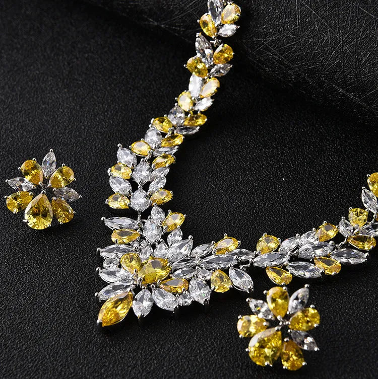 Ice flower earrings and necklace set, Korean style, copper and zircon, gold electroplated, flower design