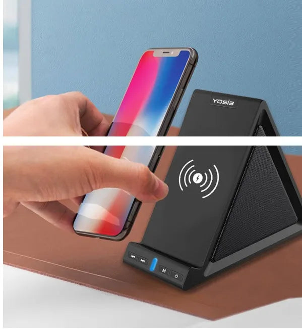 Black multifunctional Bluetooth speaker with wireless charging pad, phone stand, and 2000mAh power bank