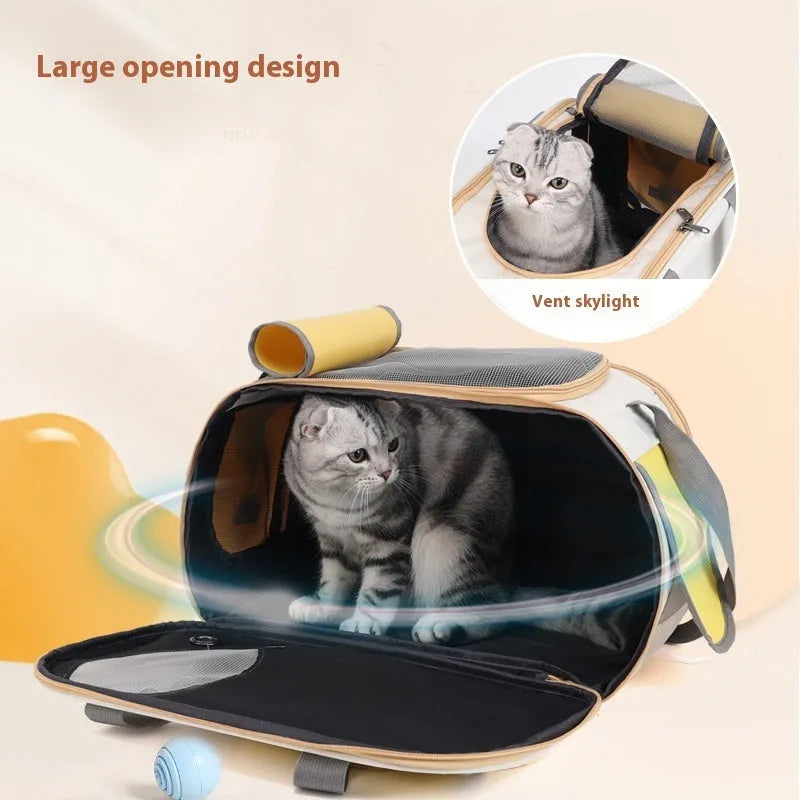Foldable single shoulder pet carrier bag in canvas material showing large capacity design