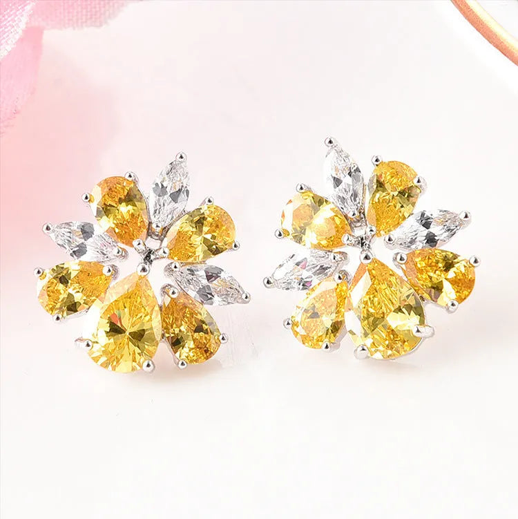 Ice flower earrings and necklace set, Korean style, copper and zircon, gold electroplated, flower design