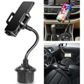 Black universal car phone mount bracket with suction cup and adjustable side handles on windshield