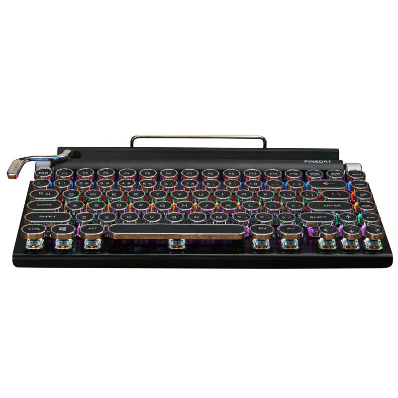 Black retro-style Bluetooth mechanical keyboard with RGB backlight on a wooden desk