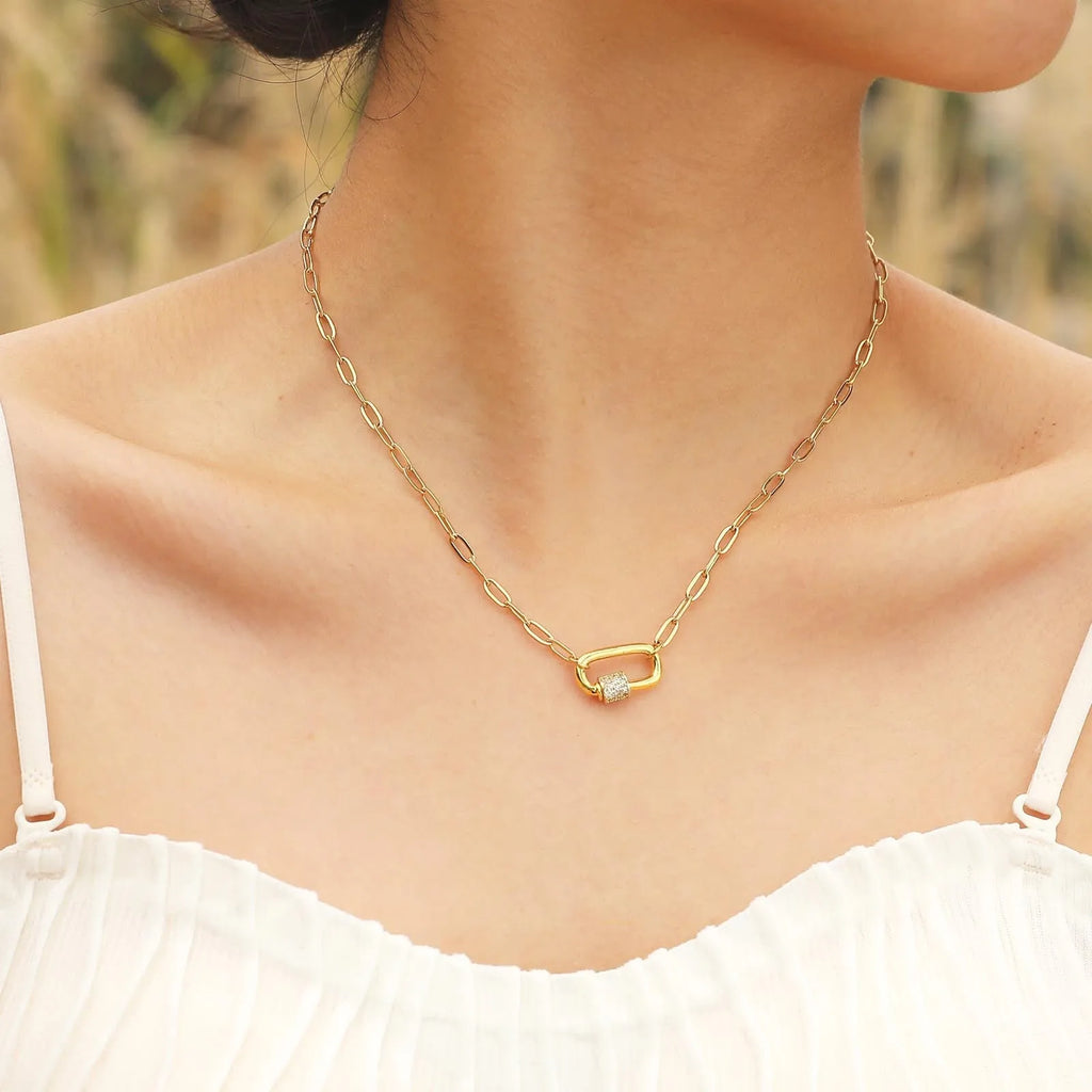 Small square chain stainless steel pendant necklace with oval zircon stone in gold colour finish