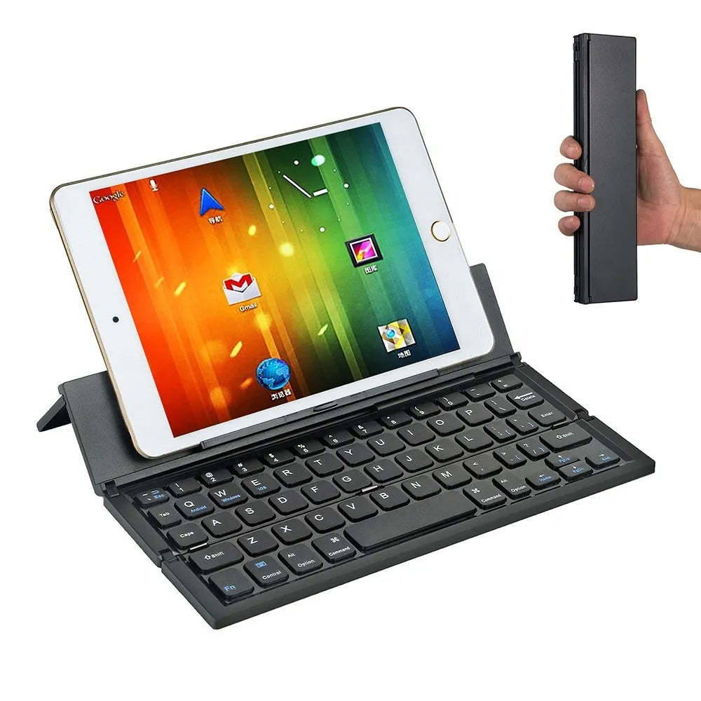 Black folding wireless Bluetooth keyboard for tablets showing compact 5.8-inch design with aluminium bottom and numeric keypad