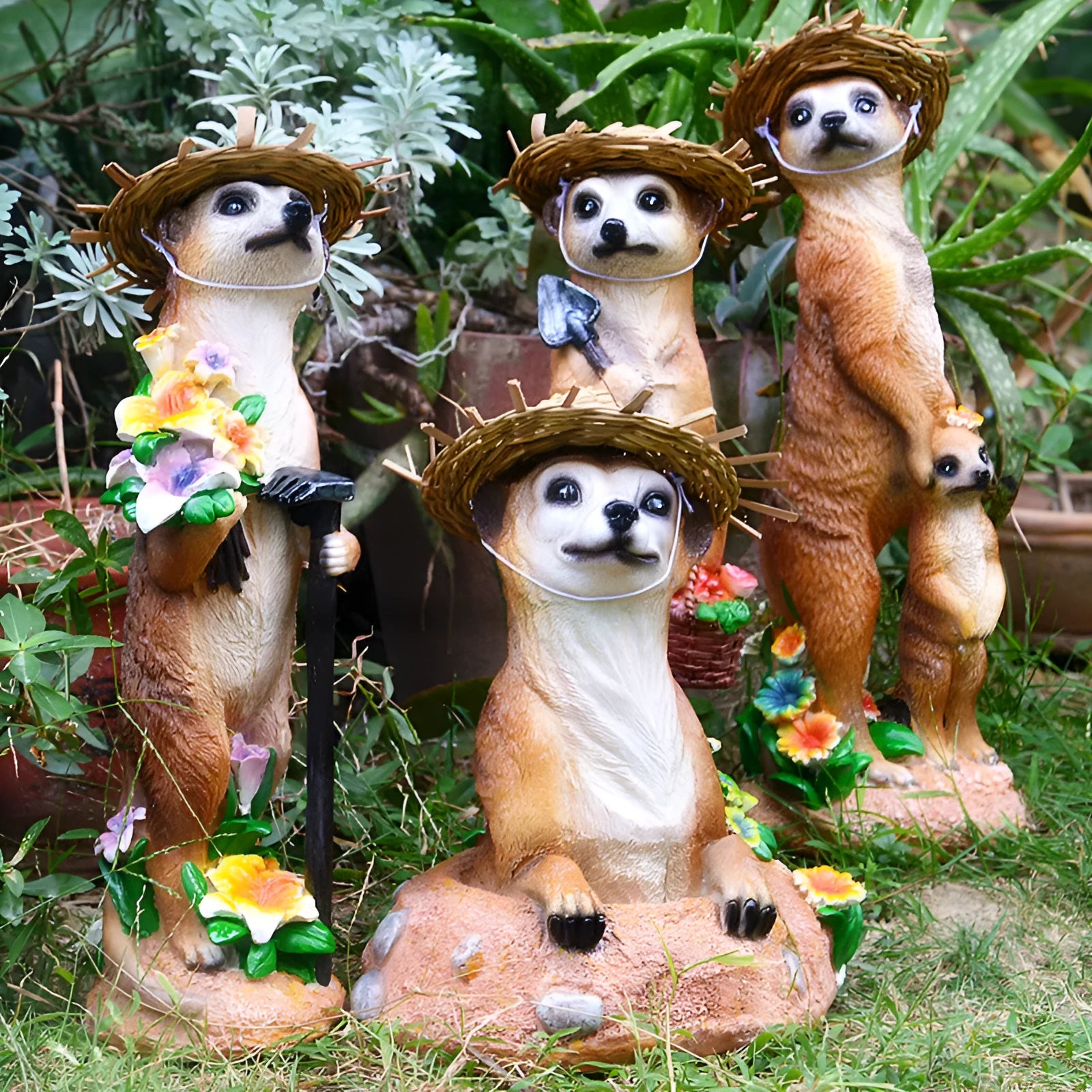 Three resin mongoose garden ornaments with straw hats, including figures holding rake and shovel tools