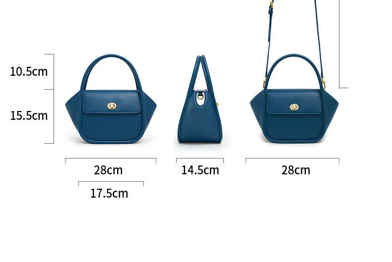 Women's leather wing-shaped tote bag with buckle closure in blue, grey, black, or brown colour options
