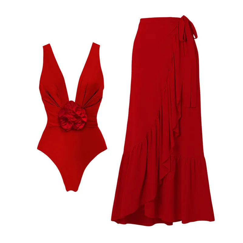 Red women's V-neck halter swimsuit with detachable matching skirt on mannequin
