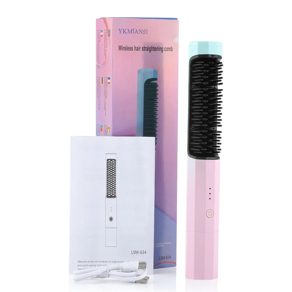Cordless rechargeable straightening comb in pink, with ABS nylon body and USB charging cable