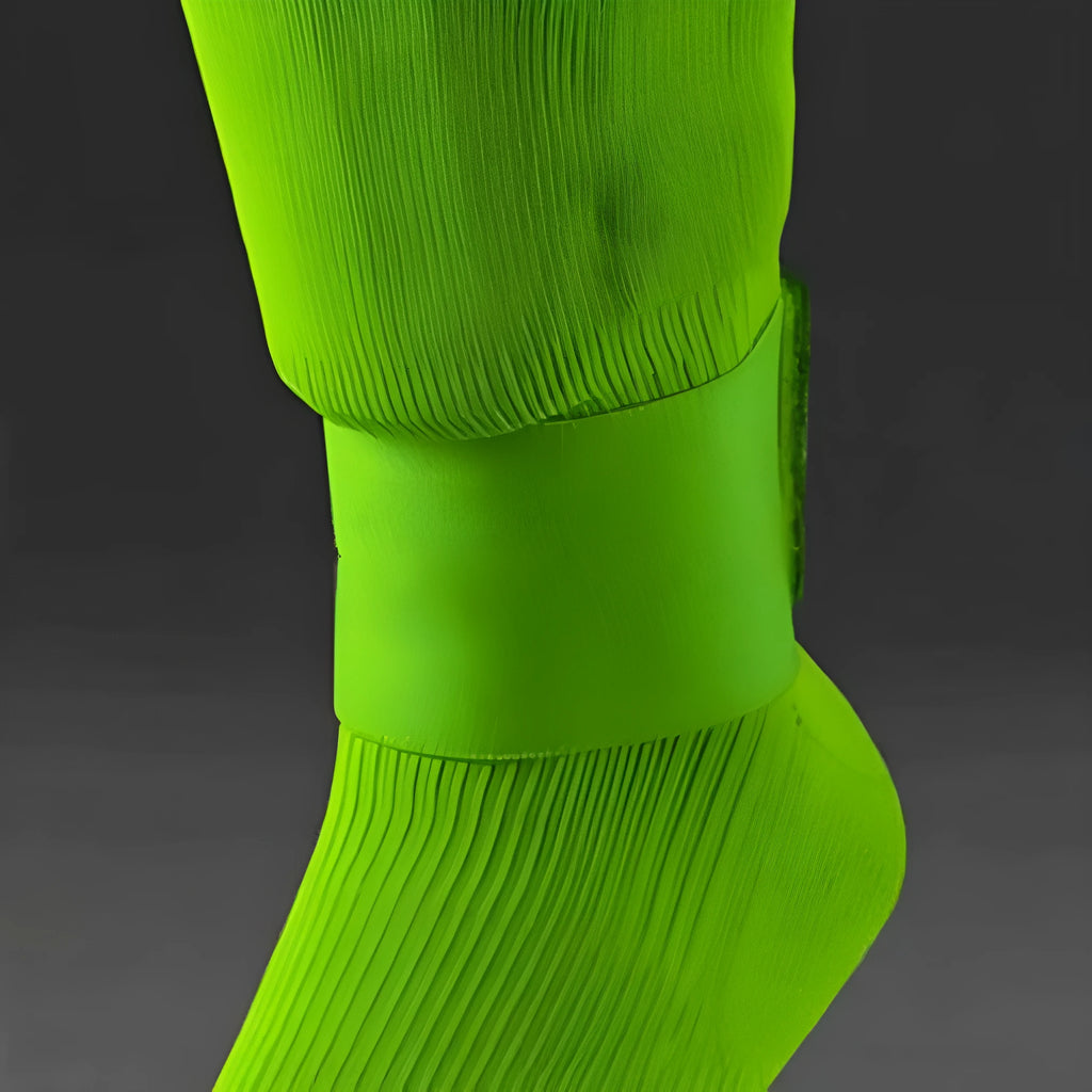 Red rubber football shin guard securing tape belt shown alongside football equipment