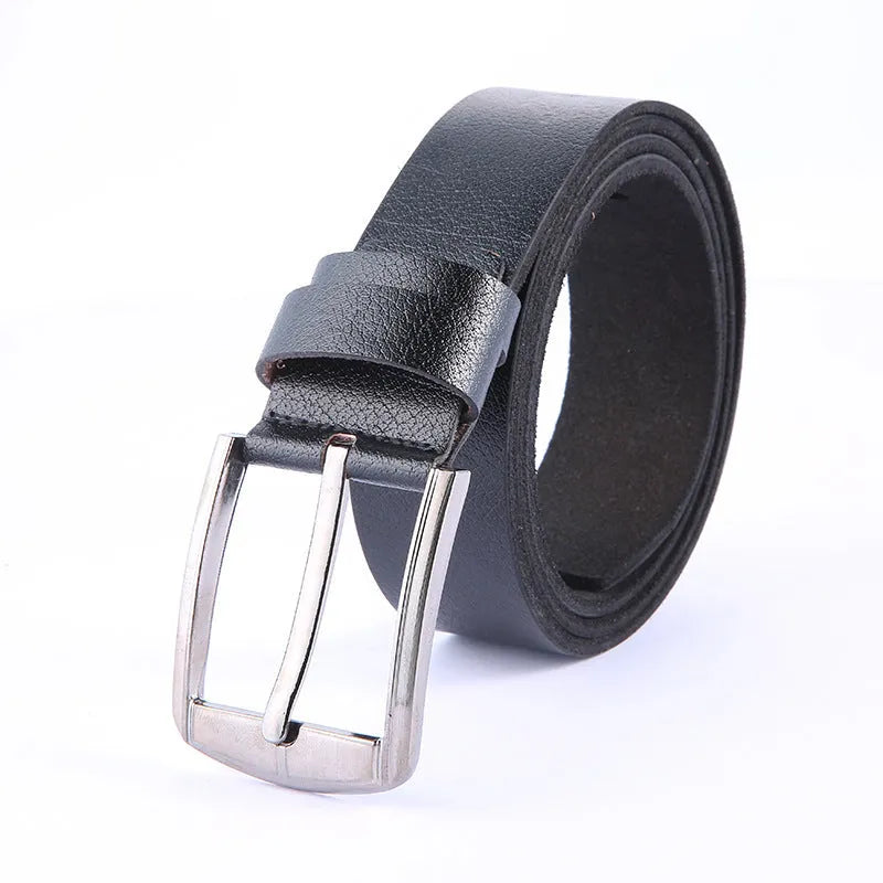Leather pin buckle belt with metal buckle, adjustable 100-135cm, available in black, brown, and camel colours