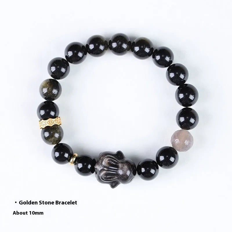 Handmade national style obsidian bracelet with lying rabbit charm in mixed metals and grey agate