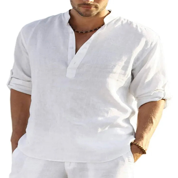 Men's casual cotton linen shirt in light blue with stand collar and button detail