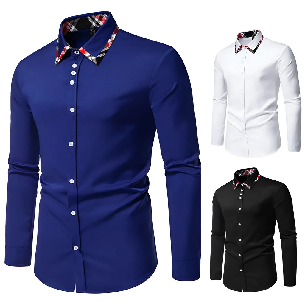 Men's triangle collar shirt with plaid contrast panels in polyester fibre