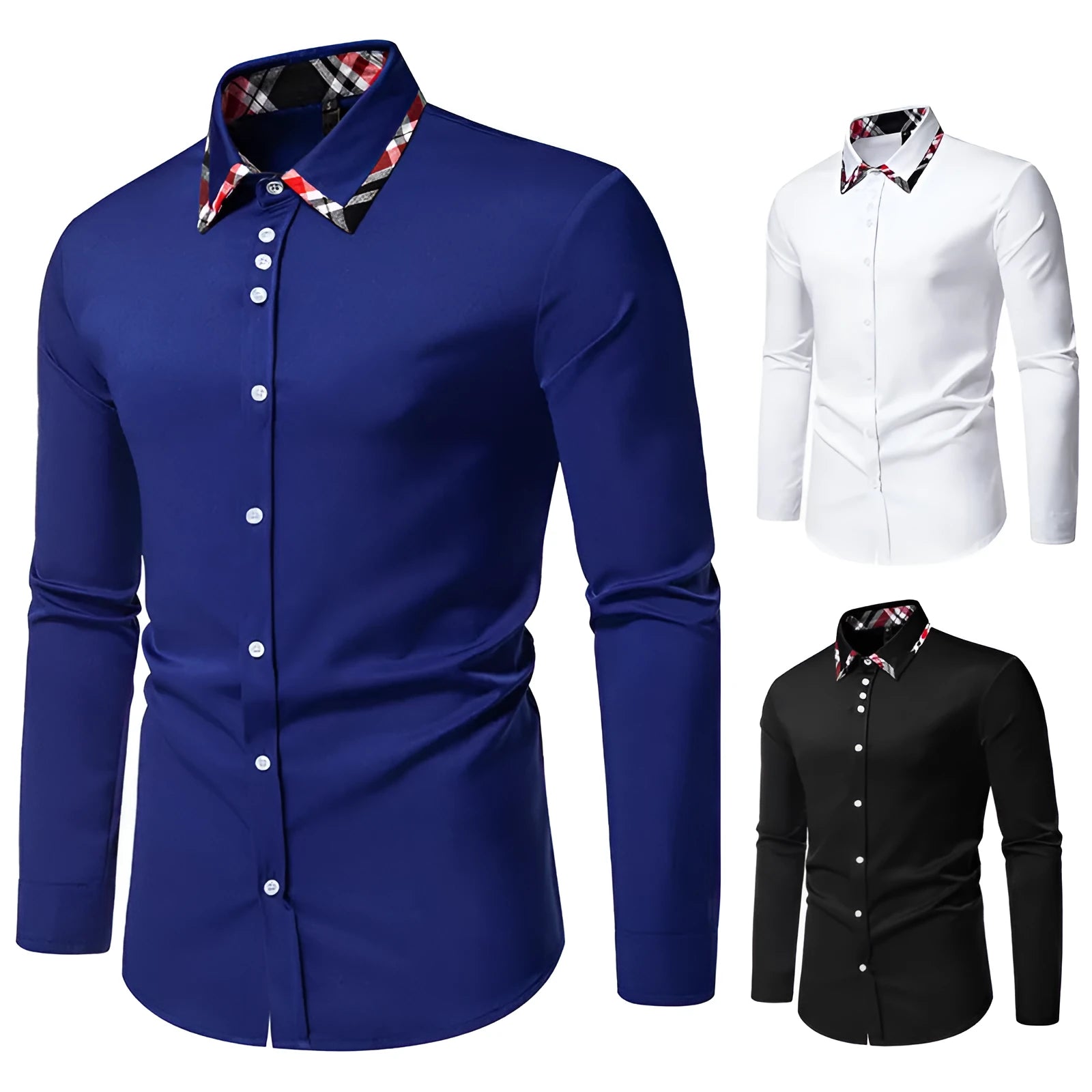 Men's triangle collar shirt with plaid contrast panels in polyester fibre