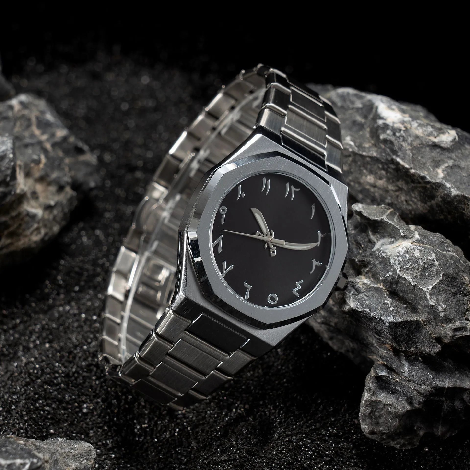 Business casual men's watch with steel strap and quartz movement, shown in black, silver, and black silver scale colour options.