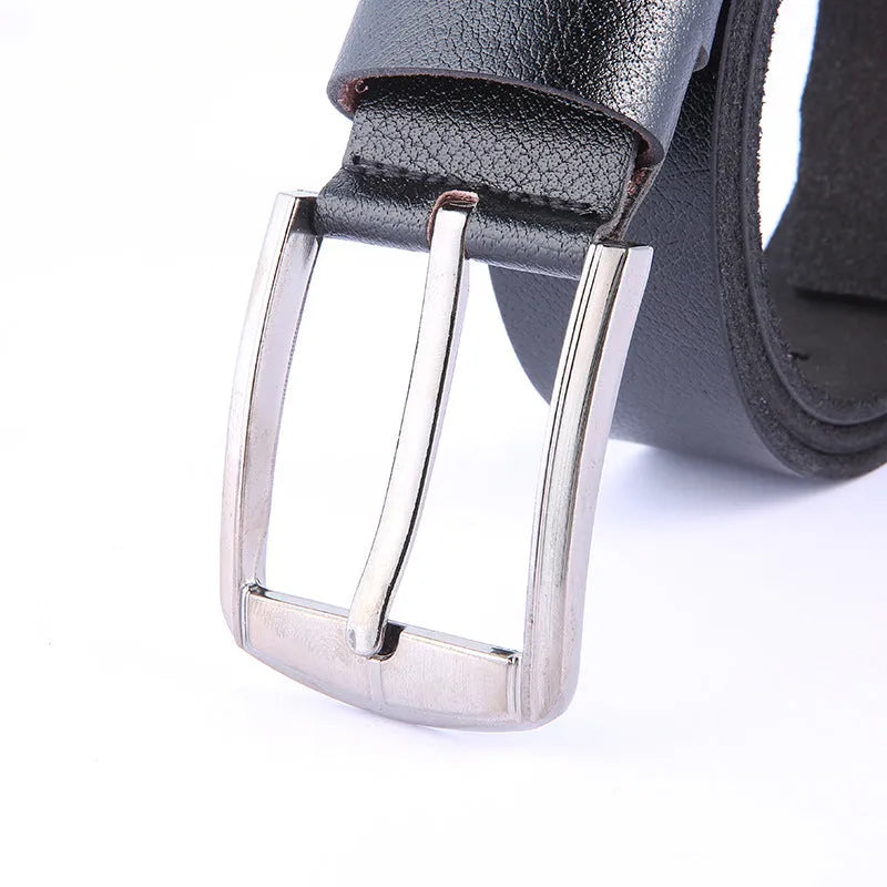 Leather pin buckle belt with metal buckle, adjustable 100-135cm, available in black, brown, and camel colours