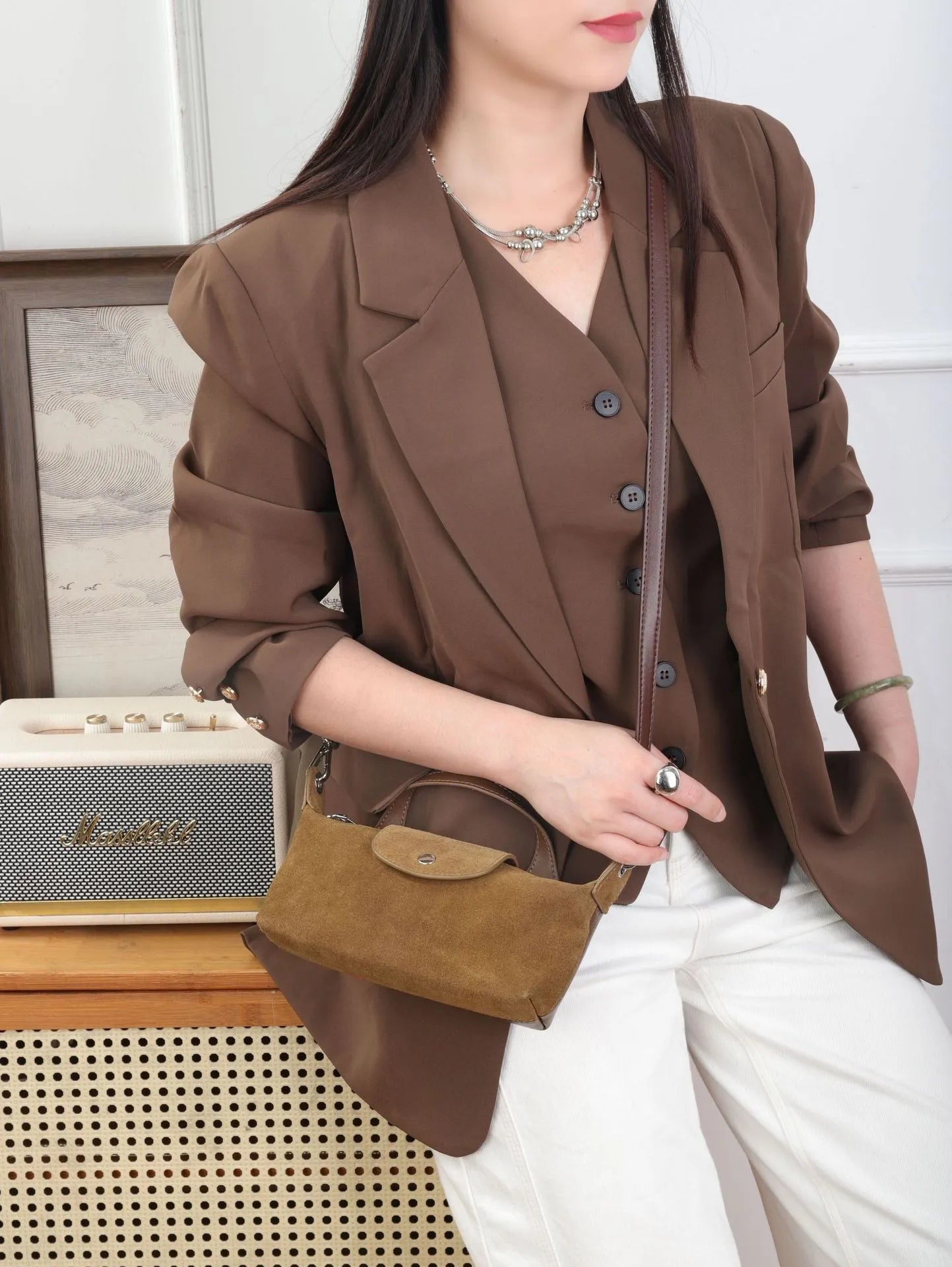 Women's genuine leather spliced dumpling crossbody bag with suede finish in six colour options