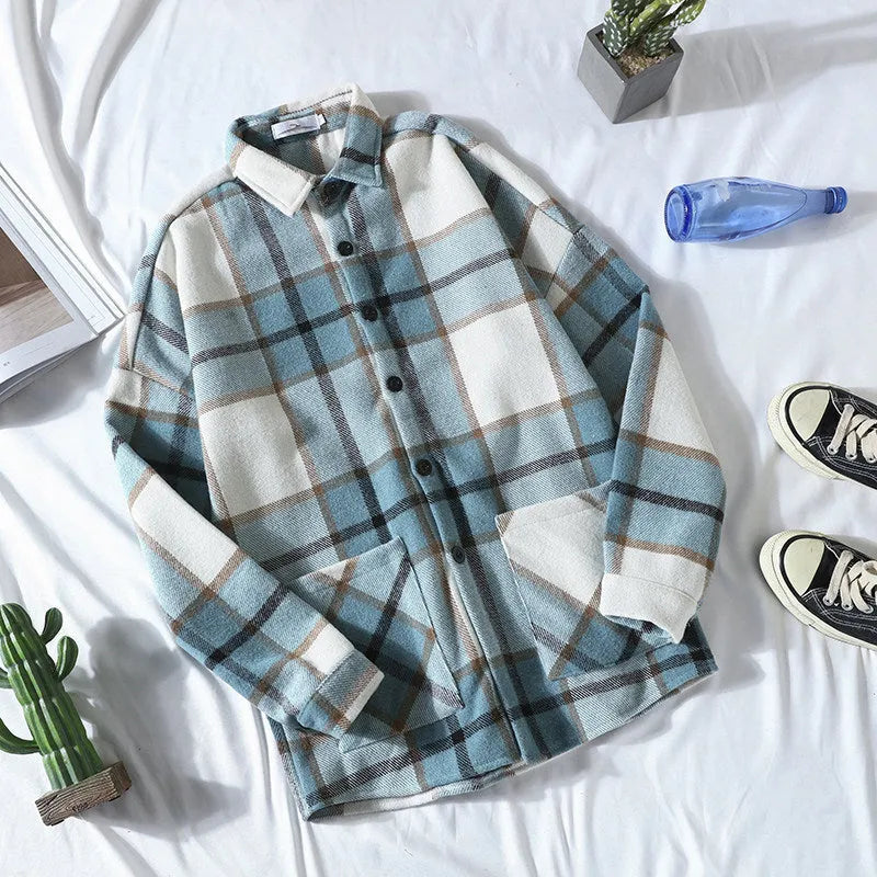Men's autumn brushed plaid shirt in loose fit cardigan style, available in red colour