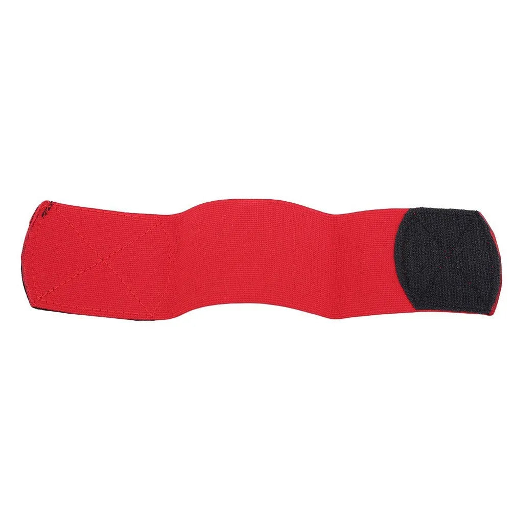 Red rubber football shin guard securing tape belt shown alongside football equipment