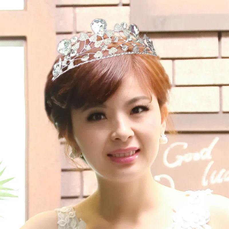 Golden leaves big crown wedding dress accessory with 18K gold finish and rhinestone crystals