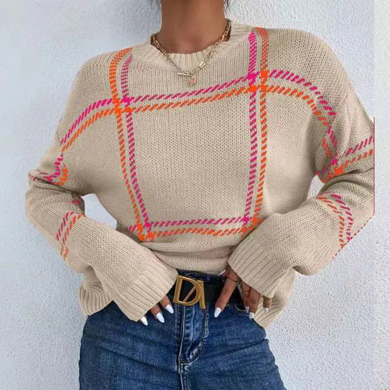 Women's plaid colour-block crew neck acrylic sweater in loose fit style